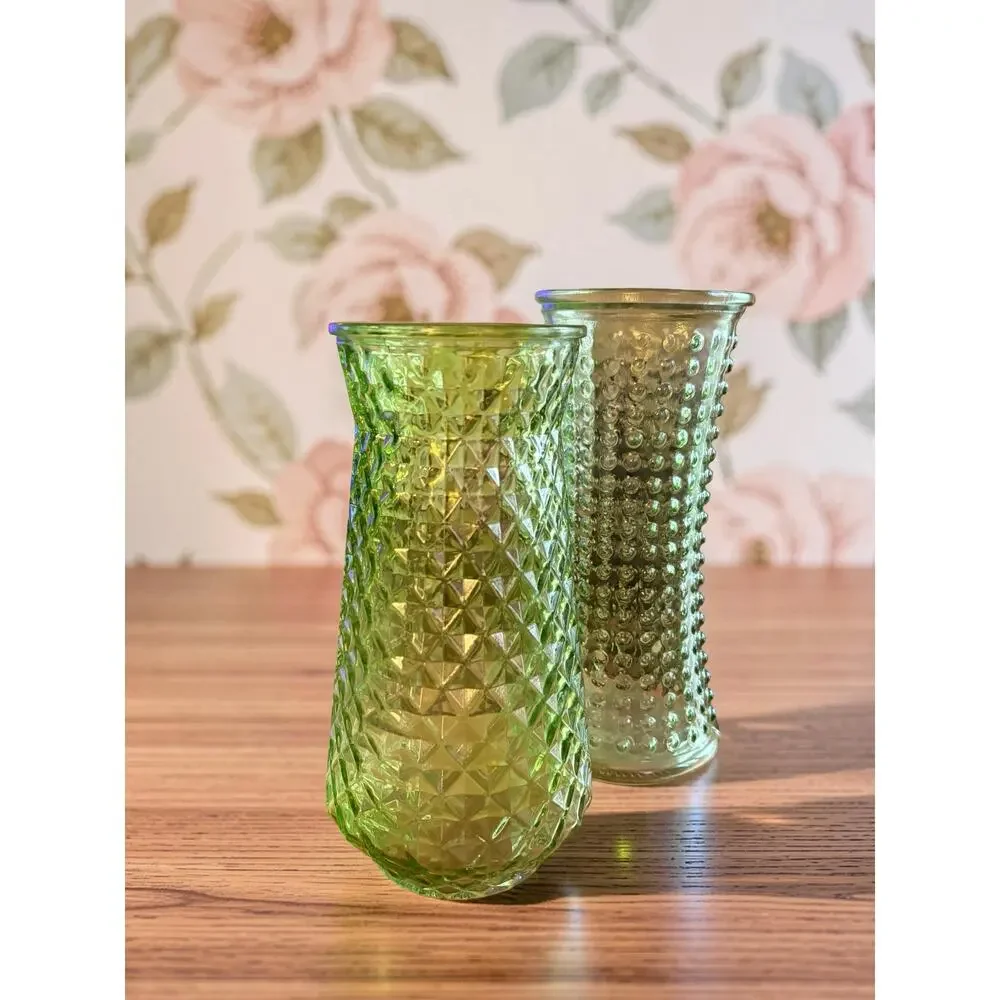 Vintage DPS Green Glass Vases Set of 2 Paula Hobnail MCM 1960s Textured 9-10